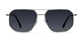 Lentes de sol con montura metálica de acero inoxidable en color gris mate y diseño geométrico inspirado en el estilo aviador. Poseen lentes polarizadas de color negro con protección UV400.