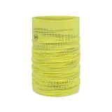 Cuello tubular Buff Dryflx® color amarillo flúor con estampado de líneas horizontales negras.