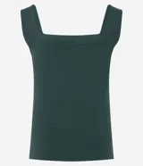 Blusa básica sin mangas marca Cortelle, confeccionada en poliamida con elastano. Presenta un diseño ajustado al cuerpo con escote cuadrado tanto en el frente como en la espalda y breteles medianos.