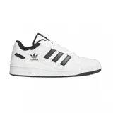 Championes adidas Forum Low CL, de diseño clásico con base blanca y detalles en negro. Presentan las icónicas tres tiras laterales y el logo del trébol en la lengüeta y el lateral.