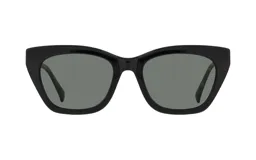 Lentes de sol de acetato negro con forma de ojo de gato y lentes grises. Patillas con estampado carey.