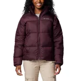 Campera tipo puffer de la marca Columbia, color bordó, con cierre frontal completo, cuello alto con protector de mentón, bolsillos laterales con cierre y puños elásticos.