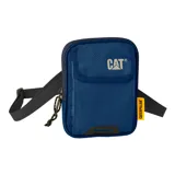 Bolso tipo morral de la marca Caterpillar, color azul marino, con diseño compacto, cierre principal y correa ajustable. Presenta el logo de la marca en el frente y una etiqueta lateral distintiva.
