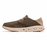 Championes Columbia de diseño náutico, color marrón con detalles en beige. Presentan una parte superior mixta de cuero y lona, con talón plegable y cordones elásticos. Incluyen orificios de drenaje en la entresuela para mayor comodidad en entornos húmedos.
