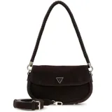Cartera Guess modelo Danya de formato estructurado y compacto, confeccionada en material sintético con acabado tipo gamuza color marrón. Presenta un asa superior fija con detalle trenzado, correa larga desmontable y ajustable, cierre superior y logo triangular metálico en el frente.