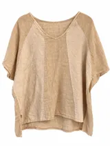 Blusa tostada de lino y viscosa con paneles frontales bordados y escote en V.
