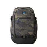 Mochila Rip Curl modelo F-Light Posse de 35 litros, con estampado de camuflaje abstracto en tonos verde militar y negro. Presenta panel frontal y trasero de EVA moldeada, tirantes de EVA transpirables, bolsillo para portátil, bolsillo para gafas de sol forrado y bolsillo aislado para botella.