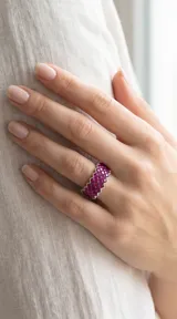 Anillo de plata 925 con diseño en zigzag, engastado con múltiples circonias de color fucsia en corte cuadrado.