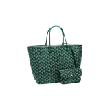 Bolso tipo tote Goyard Saint Louis PM en color verde, con el característico estampado geométrico chevron de la marca y asas superiores de cuero. Incluye un pequeño monedero o neceser desmontable con cierre de broche a presión.