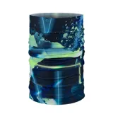 Cuello multifuncional Buff de diseño tubular, confeccionado en tejido elástico y ligero con estampado abstracto en tonos azules, negros y verde neón. Ofrece protección solar UPF 50 y es versátil para diversas actividades al aire libre.