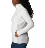 Campera de polar Columbia con cierre frontal completo, cuello alto y bolsillos laterales. Presenta un diseño entallado con paneles laterales en contraste y logo de la marca bordado en el pecho.