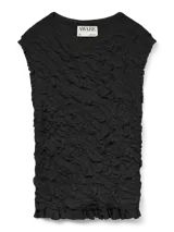 Top negro de tejido con textura, sin mangas y cuello redondo. Confeccionado en punto plano con mezcla de viscosa LENZING™ ECOVERO™ y nailon. Diseño de calce regular, textura suave y caída ligera.