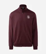 Saco deportivo Get Over de cuello alto con cierre frontal por cremallera. Presenta diseño en color bordó con rayas laterales contrastantes en los hombros y mangas, puños y bajo con acabado en rib, y estampa localizada en el pecho.