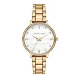 Reloj Michael Kors modelo Pyper, con caja dorada de acero inoxidable, esfera blanca con logo MK repetido y detalles de strass.