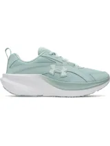 Championes de running Under Armour modelo Assert 11, color verde menta con suela blanca. Presentan parte superior de malla transpirable con revestimientos de cuero, amortiguación Charged+ en la mediasuela y suela de goma resistente.