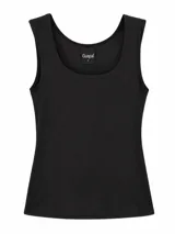 Musculosa negra básica de corte clásico, con escote redondo y tiranchos anchos.