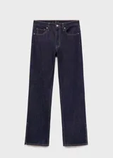 Jeans de corte recto y tiro medio, confeccionados en tejido de algodón estilo vaquero en tono azul oscuro. Presentan diseño de cinco bolsillos, cierre de botón con cremallera, trabillas para cinturón y aberturas laterales en el bajo.