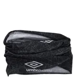 Bufanda tubular tipo buff de la marca Umbro, color negro con estampado geométrico de líneas finas blancas y logo de la marca en contraste.