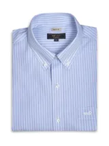 Camisa de manga larga RKF de corte regular fit, con diseño de rayas verticales en tonos celestes y blancos. Presenta cuello abotonado, cierre frontal con botones, bolsillo en el pecho con logo bordado y acabado resistente a las arrugas.