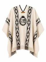Poncho crudo con diseño geométrico y estampa del escudo nacional en el pecho, cuello en V ribeteado en negro y terminación de flecos en el ruedo.
