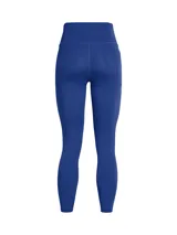 Calza deportiva Under Armour de tiro alto, color azul, con cintura ancha y bolsillo lateral. Confeccionada en tejido de doble punto elástico con tecnología de absorción de sudor.