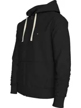 Buzo negro de felpa de algodón con capucha y cordón ajustable, cierre de cremallera frontal, bolsillos tipo canguro y logo de Tommy Hilfiger bordado en el pecho.