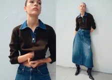 Chaleco de punto color marrón, con cuello polo y cierre frontal parcial con botones dorados, y detalles en denim en la zona del cuello.