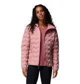 Campera técnica Columbia modelo Delta Ridge II, color rosado. Presenta construcción HeatSeal™ sin costuras, tecnología termorreflectante Omni-Heat™ y acabado repelente al agua Omni-Shield™. Incluye capucha, cierre frontal completo, bolsillos laterales con cremallera y protección en la barbilla.