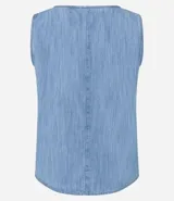 Blusa sin mangas de jean celeste, con cuello redondo y corte recto.
