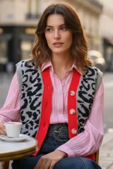 Chaleco tejido con diseño de animal print en tonos gris y negro, con borde frontal y tapeta de botones en color rojo vibrante.