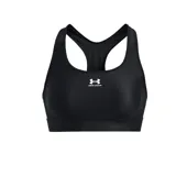 Top deportivo Under Armour MID Padless de color negro, con diseño de espalda racerback y banda elástica inferior. Presenta el logo de la marca impreso en blanco al centro del pecho.