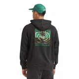 Hoodie Quiksilver modelo Upside Down color negro con efecto lavado, capucha con cordón ajustable, bolsillo frontal tipo canguro y logo de la marca bordado en el pecho en color verde.
