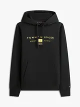 Buzo con capucha y cordón ajustable Tommy Hilfiger, color negro, confeccionado en felpa de puro algodón. Cuenta con bolsillo tipo canguro y logo impreso en el pecho en tono dorado.