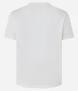 Remera de algodón blanca, de manga corta y cuello redondo, con estampa frontal inspirada en paisajes tropicales y detalles de lentejuelas.