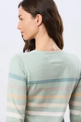 Buzo tejido de algodón con diseño de rayas horizontales en tonos azules, beige y rosado, cuello redondo y manga larga.