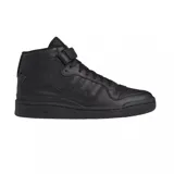 Championes adidas Forum Mid de corte medio, totalmente en color negro. Presentan un diseño clásico de básquet con cierre de cordones y tira de velcro ajustable en el tobillo, confeccionados con materiales sintéticos y cuero, con el logo de la marca en el lateral y la suela.