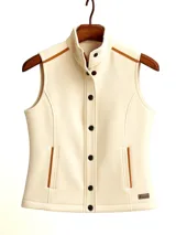 Chaleco color crema de paño con cuello alto, cierre frontal con botones negros, bolsillos laterales ribeteados y detalles en camel en hombros y bolsillos.