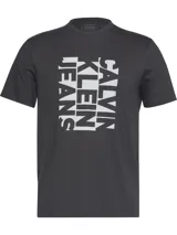 Remera de manga corta Calvin Klein color gris oscuro, con cuello redondo y corte regular. Presenta un diseño gráfico estampado en el centro con el texto de la marca en orientación vertical y tono gris claro.
