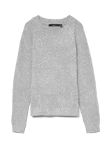 Suéter de punto gris claro melange con cuello redondo y mangas largas.