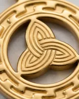 Dije circular de acero con baño dorado, con diseño central de triqueta y borde con patrón de greca.