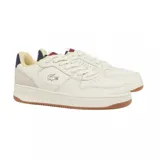 Championes Lacoste modelo L001 Set, de diseño urbano en color blanco con detalles en azul marino y rojo en el talón y la lengüeta. Presenta el logo del cocodrilo bordado en el lateral y suela de goma color caramelo.