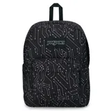Mochila Jansport SuperBreak Plus negra con estampado de circuitos electrónicos en blanco y gris. Cuenta con un compartimento principal, bolsillo frontal con organizador, funda interna para laptop y bolsillo lateral para botella de agua.