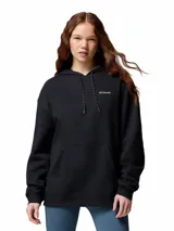 Buzo tipo canguro de la marca Columbia, color negro, con capucha ajustable mediante cordones, bolsillo frontal tipo canguro y puños y dobladillo acanalados. Presenta el logo de la marca bordado en el pecho.