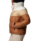 Campera puffer Columbia modelo Puffect II con diseño colorblock en tonos marrones y crema. Cuenta con cuello alto, cierre frontal completo, bolsillos laterales con cremallera y puños elásticos. Confeccionada con aislamiento térmico Thermarator y tecnología repelente al agua.