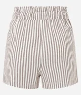 Short de mujer modelo runner de tiro alto, con elástico y lazo en la cintura. Presenta un estampado de rayas verticales finas en tonos beige y marrón claro.