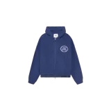 Cardigan de punto color azul índigo, con capucha, cierre frontal completo, bolsillos tipo canguro y diseño de estampado circular en el pecho.