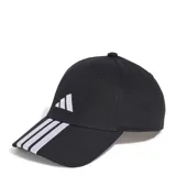 Gorra Adidas negra con logo de la marca bordado en blanco en el lateral y las tres tiras características en la visera.