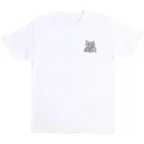 Remera blanca de manga corta con cuello redondo y estampa pequeña en el pecho con tipografía estilo gótico.