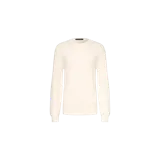 Sweater de punto texturizado color blanco, de corte clásico con cuello redondo y mangas largas.