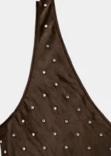 Top sin mangas de escote redondo, confeccionado en tejido satinado color bronce con apliques de cristales brillantes. Presenta un corte recto y ajuste entallado.